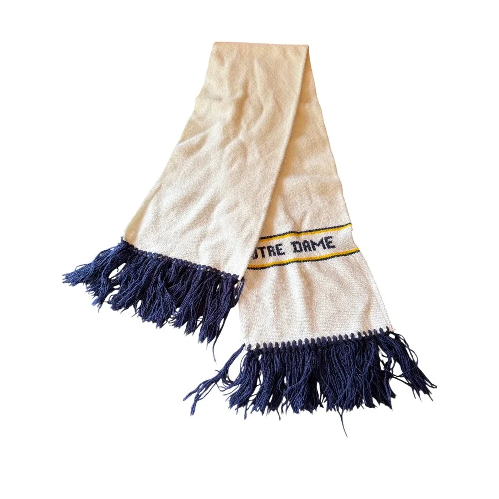 Notre‎ Dame Scarf White Navy Gold Knit Fighting Irish Vintage Style Fringe Scarf